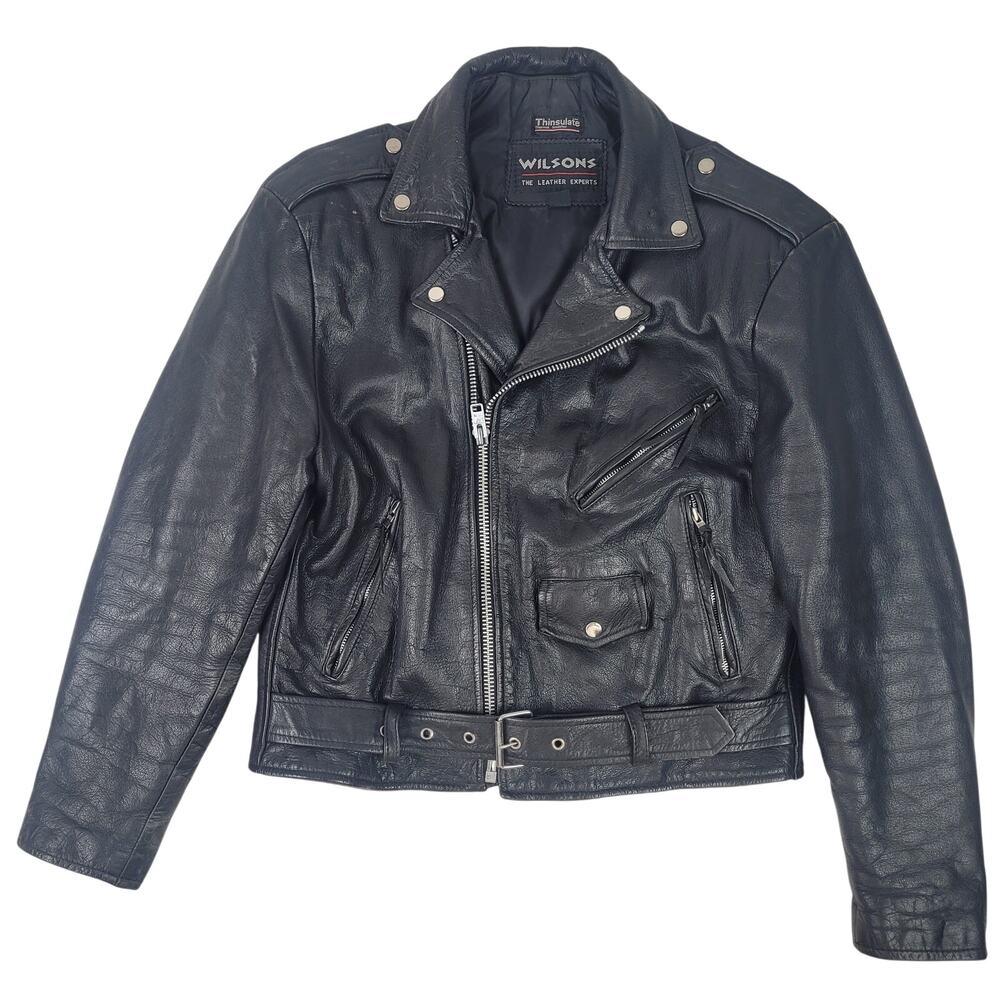 Vintage Wilsons Leather Black Leather Biker Jacket Eagle Back Men's Sz L